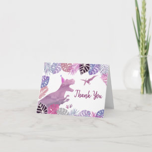 Pink Purple Three Rex Girl Dinosaur Birthday Thank You Card