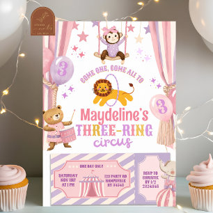 Pink Purple Three-ring circus Girl Birthday Invitation