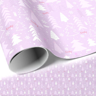 Pink Purple Trees Winter Name Text Christmas Wrapping Paper