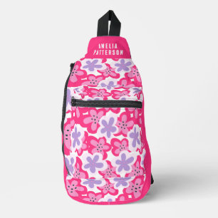 Pink Purple Tropical Floral Personalised Name Sling Bag