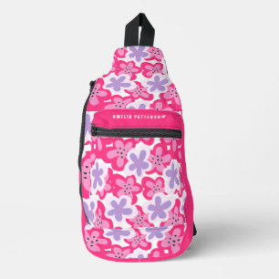 Pink Purple Tropical Floral Personalised Name Sling Bag