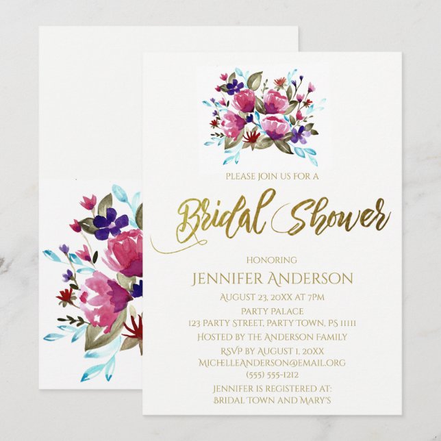 Pink Purple Tulip Floral Bouquet Bridal Shower Invitation (Front/Back)