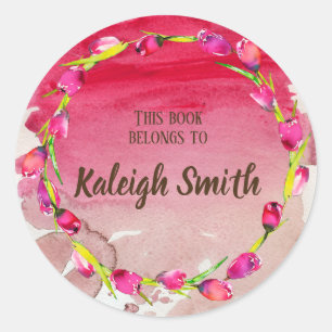Pink Purple Tulips on Red Watercolor Book Name Classic Round Sticker