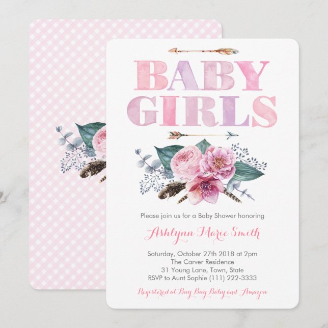 Pink Purple Twins baby shower for girls Invitation (Front/Back)