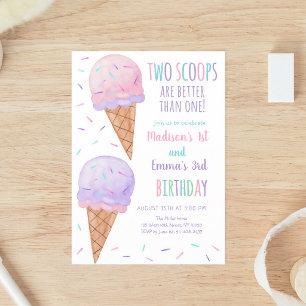 Pink Purple Two Scoops Ice Cream Joint Birthday Invitation
