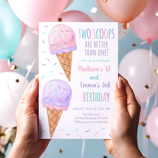 Pink Purple Two Scoops Ice Cream Joint Birthday Invitation (Creator Uploaded)