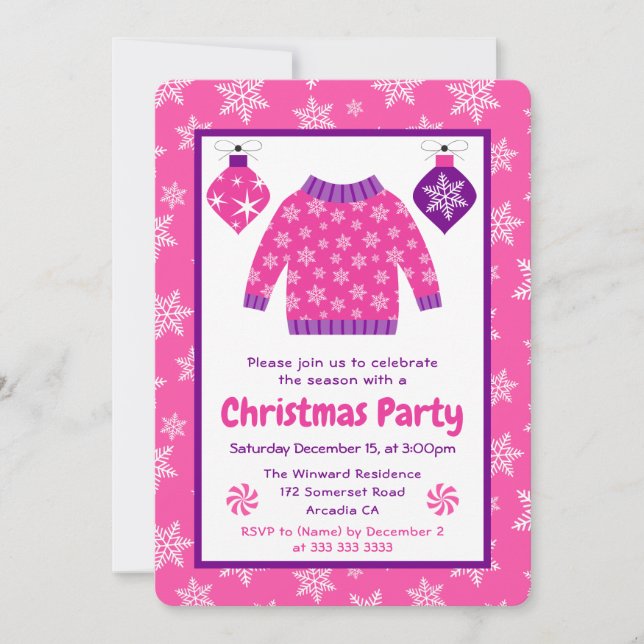 Pink & Purple Ugly Sweater Christmas Party Invitation (Front)