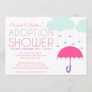 Pink Purple Umbrella Adoption Shower Invitation