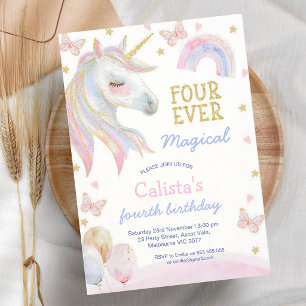 Pink Purple Unicorn 4th Birthday Invitation
