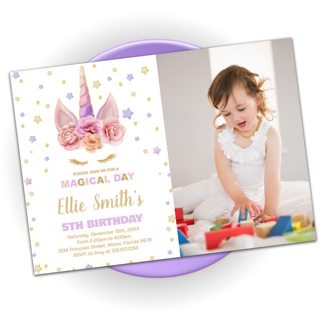 Pink Purple Unicorn Birthday Invitations w photo (Creator Uploaded)