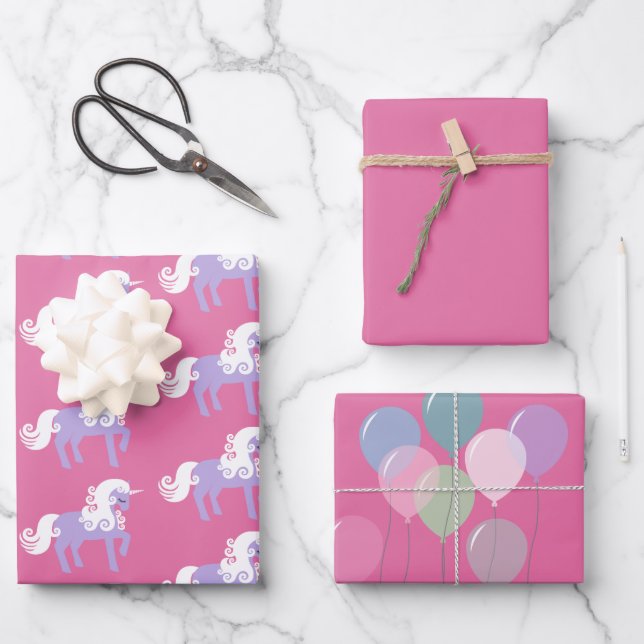 Pink Purple Unicorn Birthday Wrapping Paper Sheet (Front)