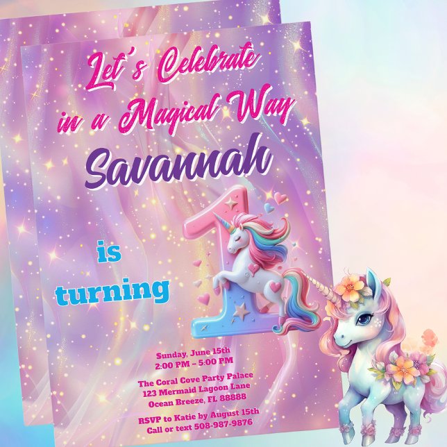Pink Purple Unicorn First Birthday Invitation (Magical Unicorn Birthday Party Invitation)