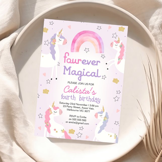 Pink Purple Unicorn Fourever Magical 4th Birthday Invitation (Fourever Magical Unicorn 4th Birthday Invitation, Unicorn Fourth Birthday Party Invite, Purple Pink)
