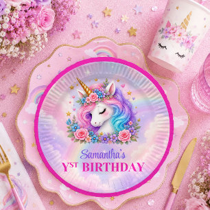 Pink Purple Unicorn Girl Birthday Party Paper Plat Plate