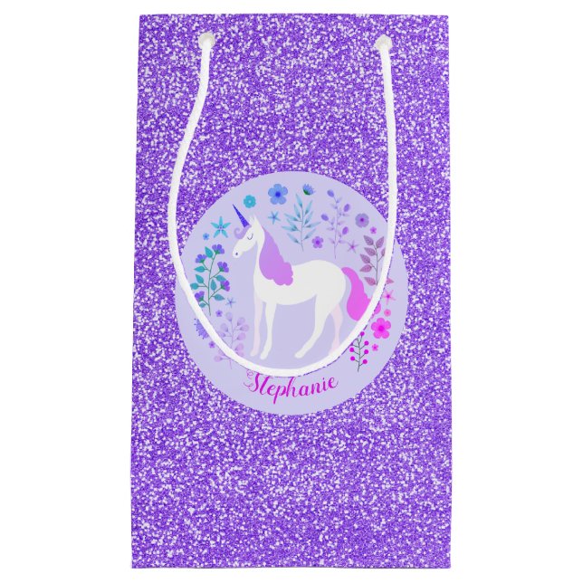 Pink Purple Unicorn Glitter Personalised Small Gift Bag (Front)