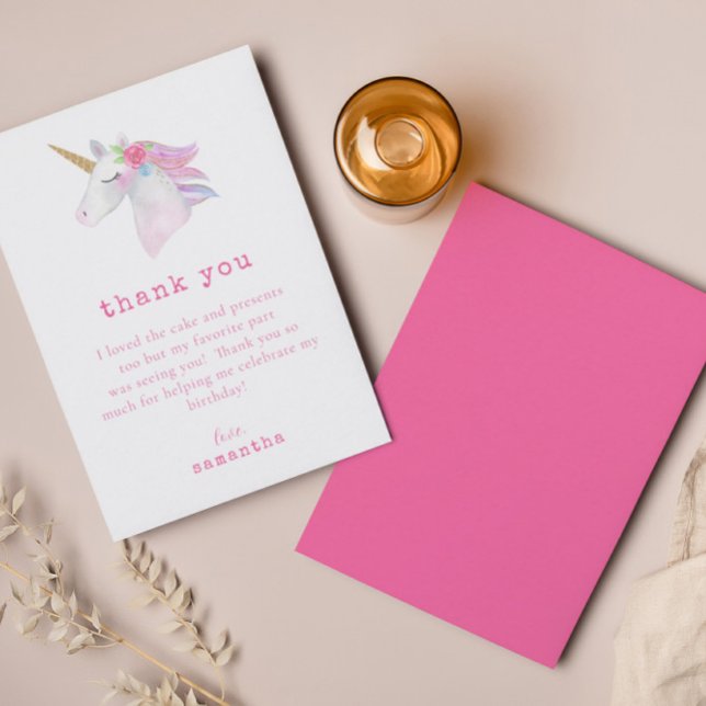 Pink Purple Unicorn Gold Glitter Birthday Party Thank You Card (Creator Uploaded)