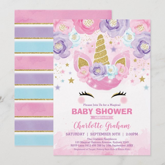 Pink Purple Unicorn Magical Stars Baby Shower Invitation (Front/Back)