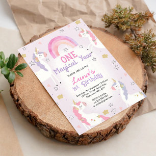 Pink Purple Unicorn One Magical Year 1st Invitation