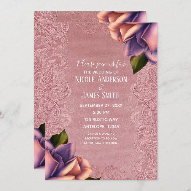 Pink Purple Vintage Antique Rose Elegant Wedding Invitation (Front/Back)