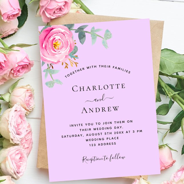 Pink purple violet rose greenery wedding invitation (Creator Uploaded)
