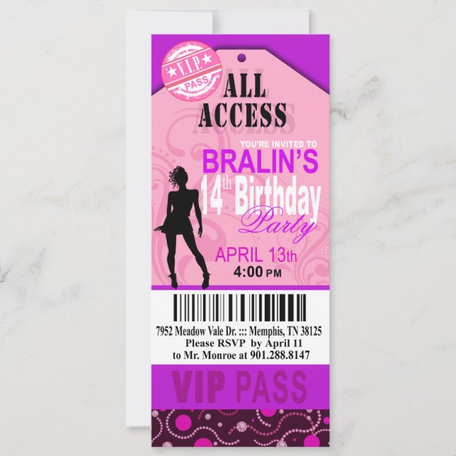 Pink Purple VIP 14th Birthday Ticket Party Invitation (Front)