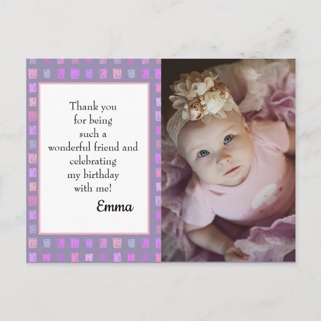 Pink Purple Watercolor Birthday Photo Thank You Postcard (Front)