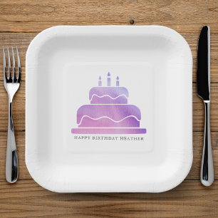 Pink & Purple Watercolor Cake Happy Birthday Paper Plate