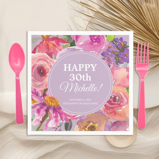 Pink Purple Watercolor Floral 30th Birthday Napkin (Pink and purple watercolor floral 30th birthday party paper napkins)
