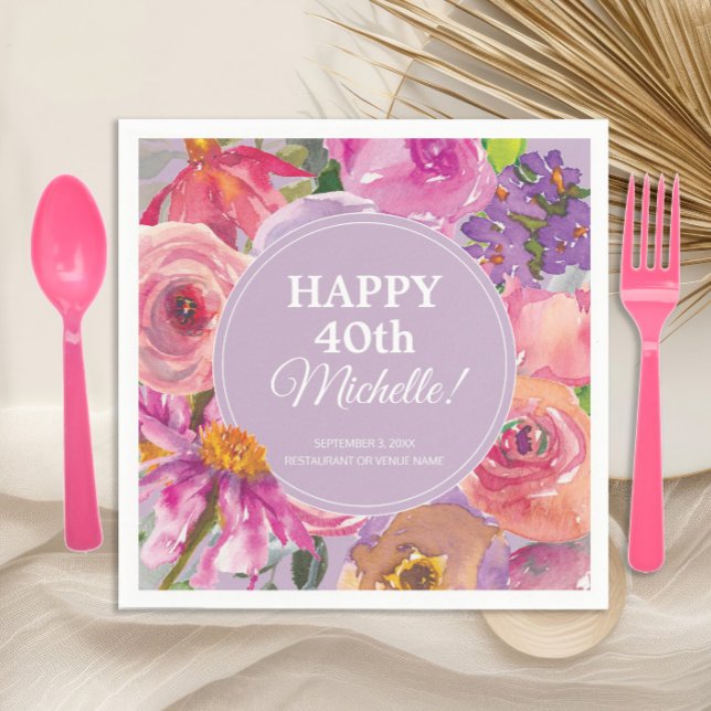 Pink Purple Watercolor Floral 40th Birthday Napkin (Pink and purple watercolor floral 40th birthday party paper napkins)