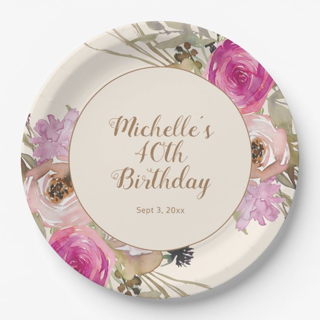 Pink Purple Watercolor Floral 40th Birthday Paper Plate (Front)