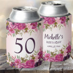 Pink Purple Watercolor Floral 50th Birthday Favour Can Cooler<br><div class="desc">Pretty pink and purple watercolor floral and green leaves custom 50th birthday party can cooler. Personalised with the name of the guest of honour, her age, and her party date. Contact me for assistance with customisation or to request matching or coordinating Zazzle products for your party. I can also help...</div>