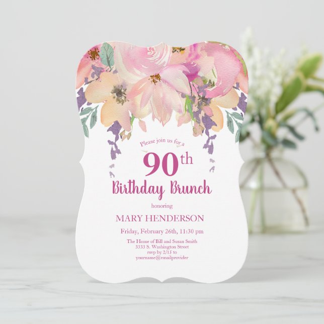 Pink Purple Watercolor Floral 90th Birthday Brunch Invitation (Standing Front)