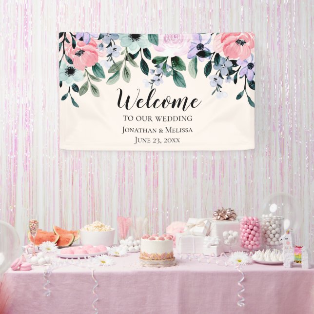 Pink & Purple Watercolor Floral Border Wedding Banner (Party)