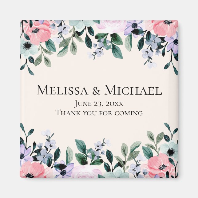 Pink & Purple Watercolor Floral Border Wedding Magnet (Front)
