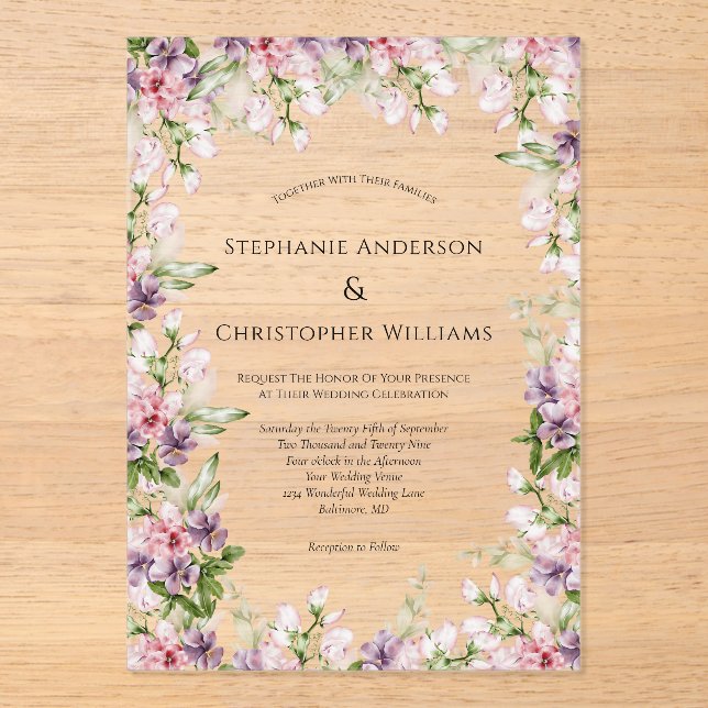 Pink Purple Watercolor Floral Greenery Wedding Acrylic Invitations (Front)
