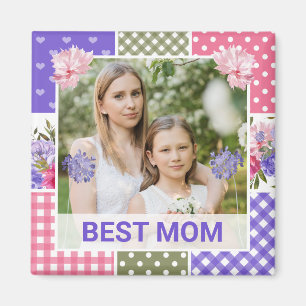 Pink & Purple Watercolor Floral Patchwork Best Mum Magnet