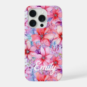 Pink Purple Watercolor Floral Personalised Name iPhone 15 Pro Case