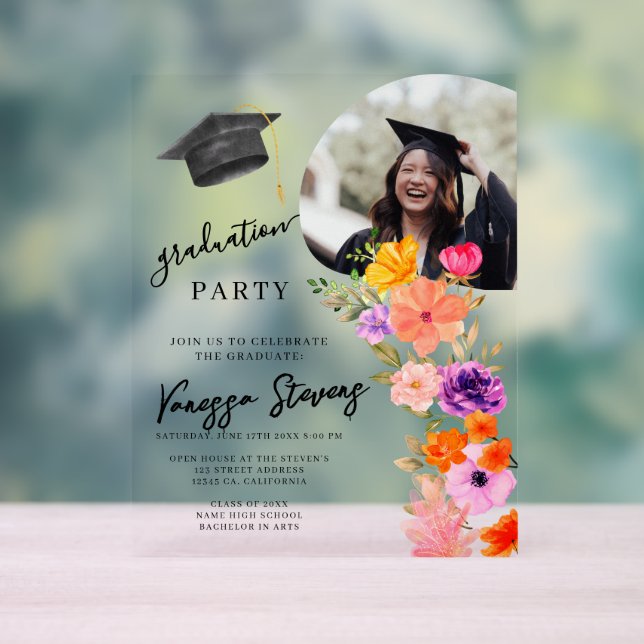 Pink & Purple Watercolor Floral Photo Graduation  Acrylic Sign (Neutral)