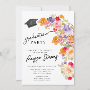 Pink & Purple Watercolor Floral Photo Graduation Invitation