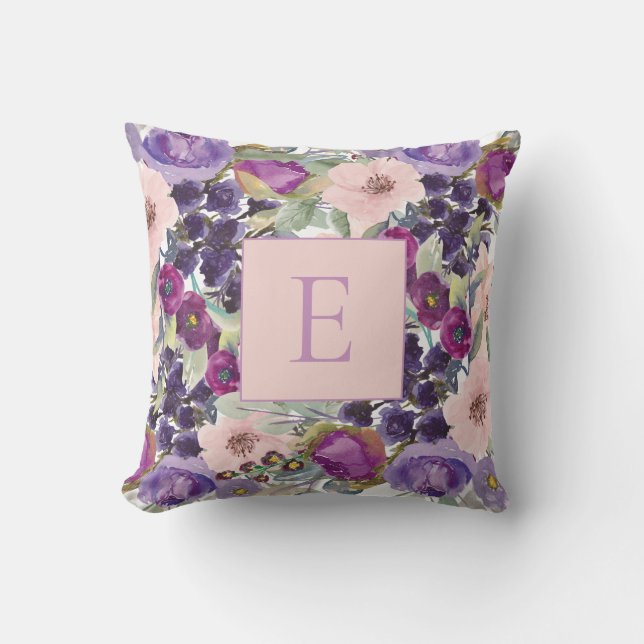 Pink Purple Watercolor Floral Sage Green Monogram Cushion (Front)