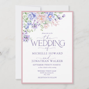 Pink Purple Watercolor Floral Wedding  Invitation