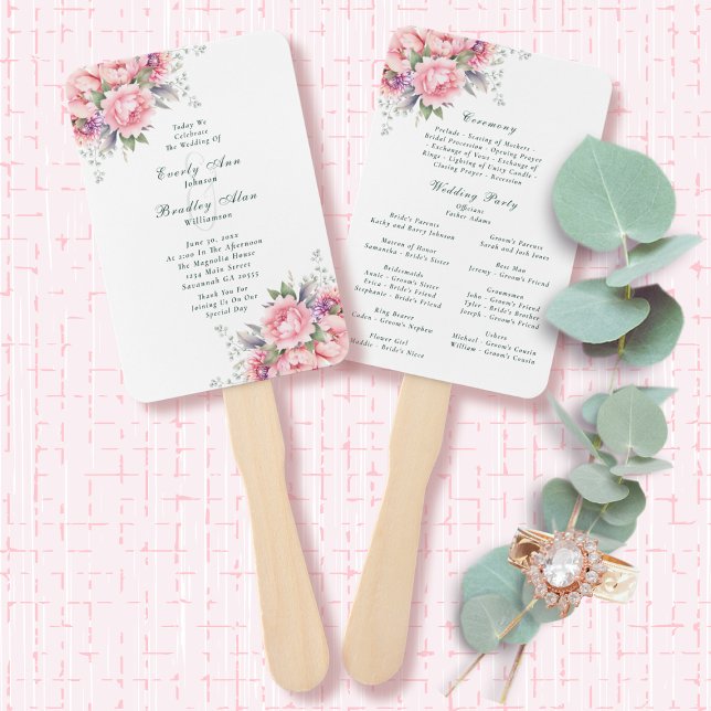 Pink Purple Watercolor Floral Wedding Program  Hand Fan (Creator Uploaded)