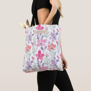 Pink Purple Watercolor Flowers Floral Personalised Tote Bag