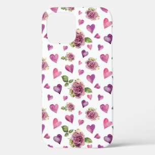 Pink Purple Watercolor Flowers Hearts iPhone 12 Case