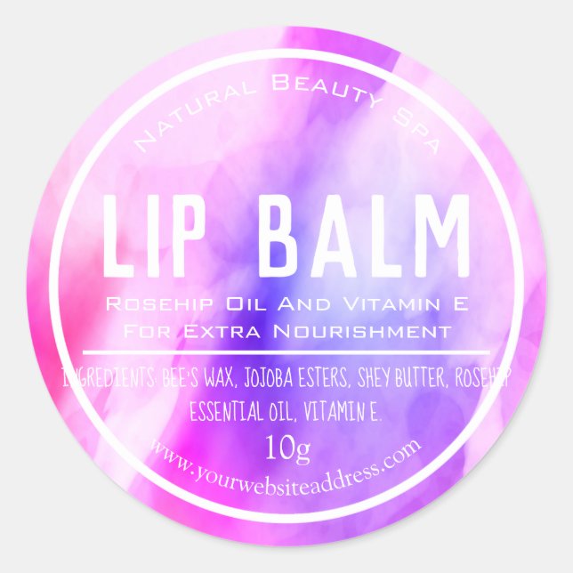 Pink Purple Watercolor Lip Balm Pot Labels (Front)