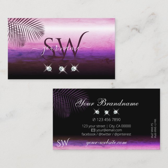 Pink Purple Watercolor Palm Leaves Jewels Monogram Business Card (Front/Back)