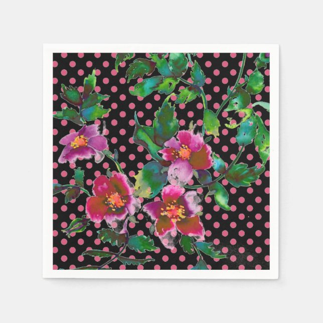 Pink purple watercolor rose painting | polka dots napkin (Front)