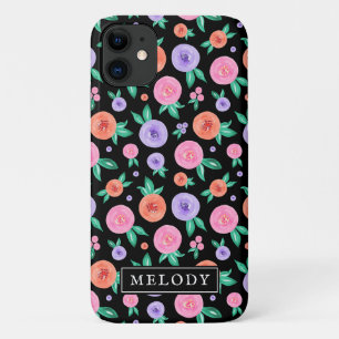 Pink / Purple Watercolor Rose Pattern on Black Case-Mate iPhone Case