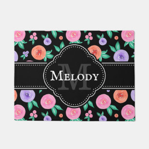 Pink / Purple Watercolor Rose Pattern on Black Doormat