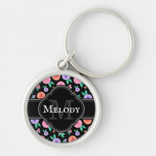 Pink / Purple Watercolor Rose Pattern on Black Key Ring